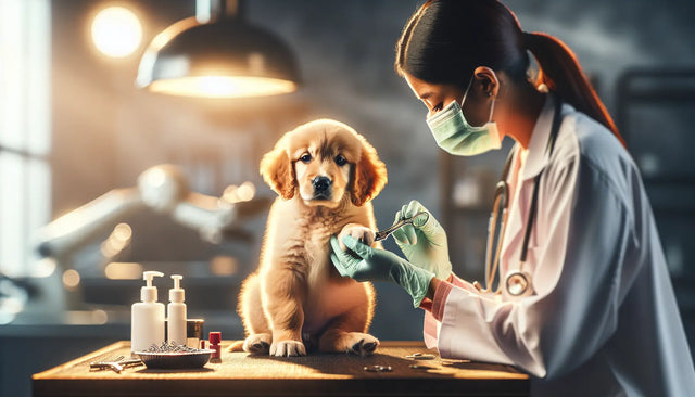 Puppy having a dog pedicure with nails being trimmed for the first time