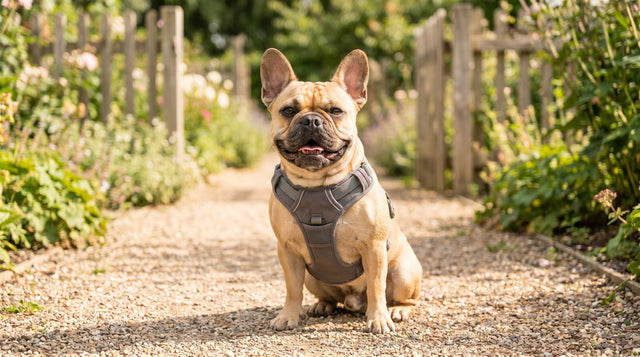 French Bulldog wearing a padded dog harness on a garden path - best dog harness for small dogs
