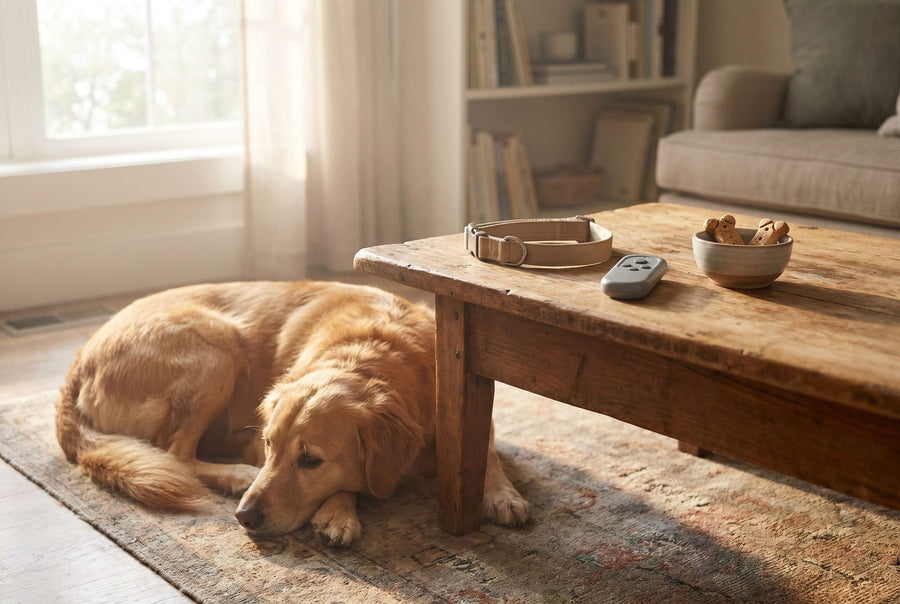 Anti barking collar on a table beside a handheld ultrasonic device and treats, illustrating humane alternatives to a bark collar