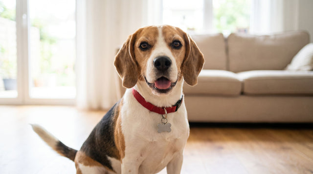 Beagle wearing one of our dog collars with a bone-shaped ID tag, looking at the camera at home