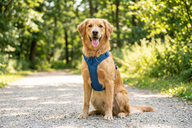 A golden retriever wearing a well-fitted padded harness on a sunny park path — dog harness vs collar
