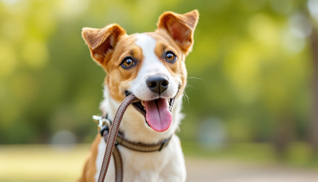 Happy Jack Russell terrier holding one of our dog leashes in its mouth in a park