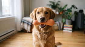 Happy dog holding a safe chew toy — dog toy safety guide