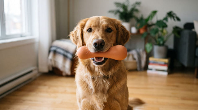 Happy dog holding a safe chew toy — dog toy safety guide