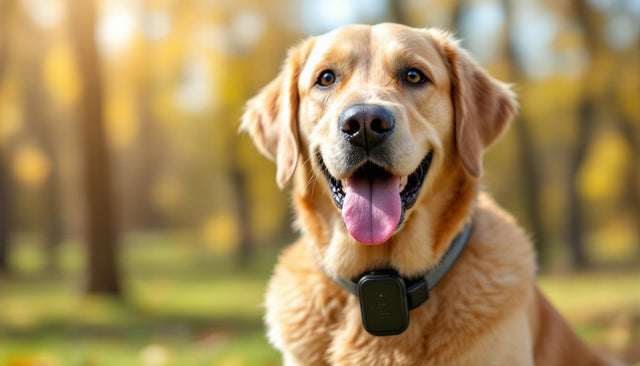 Labrador wearing a waterproof GPS dog collar, looking at the camera in a park