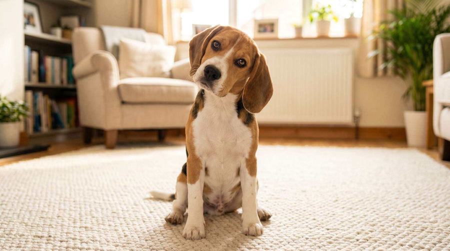 House training a puppy — a beagle puppy sitting calmly in a cosy living room