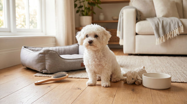 White Maltese dog sitting at home with its accessories - a soft bed, grooming brush, plush toy and bowl