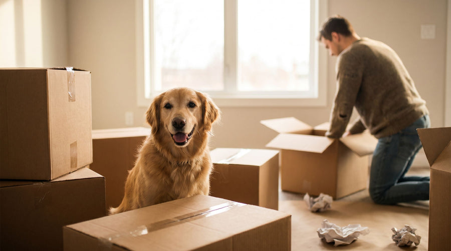 Golden Retriever among cardboard moving boxes - moving with a dog into a new home