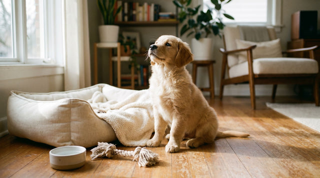 Golden Retriever puppy at home with a bed, toy and bowl - how to take care of a puppy