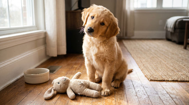 Puppy essentials checklist: a cute puppy at home with a toy and a bowl