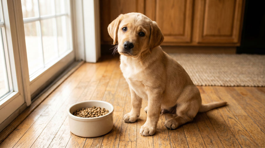 Puppy feeding schedule: a labrador puppy sitting patiently next to its full food bowl