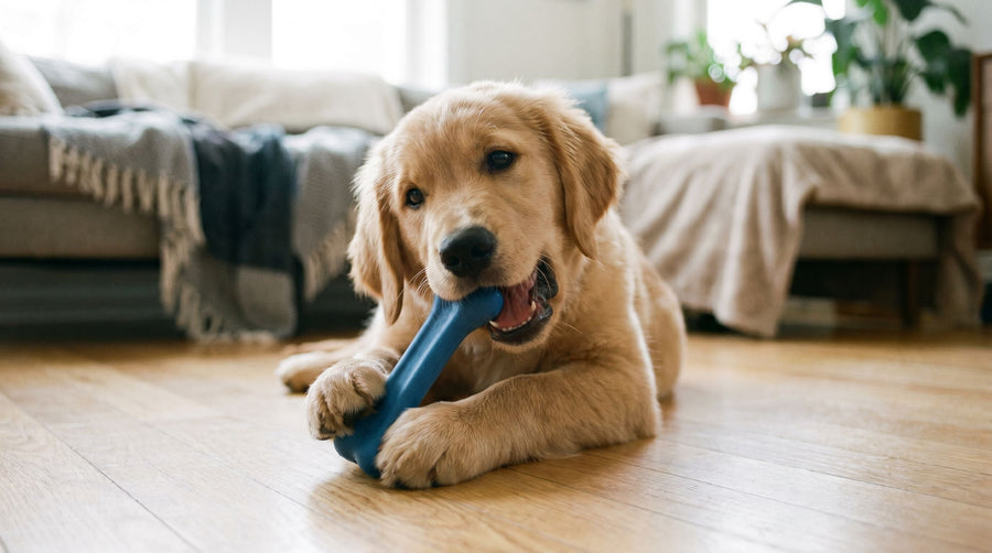 Safe puppy chews - a golden retriever puppy chewing a plain blue rubber bone chew toy at home