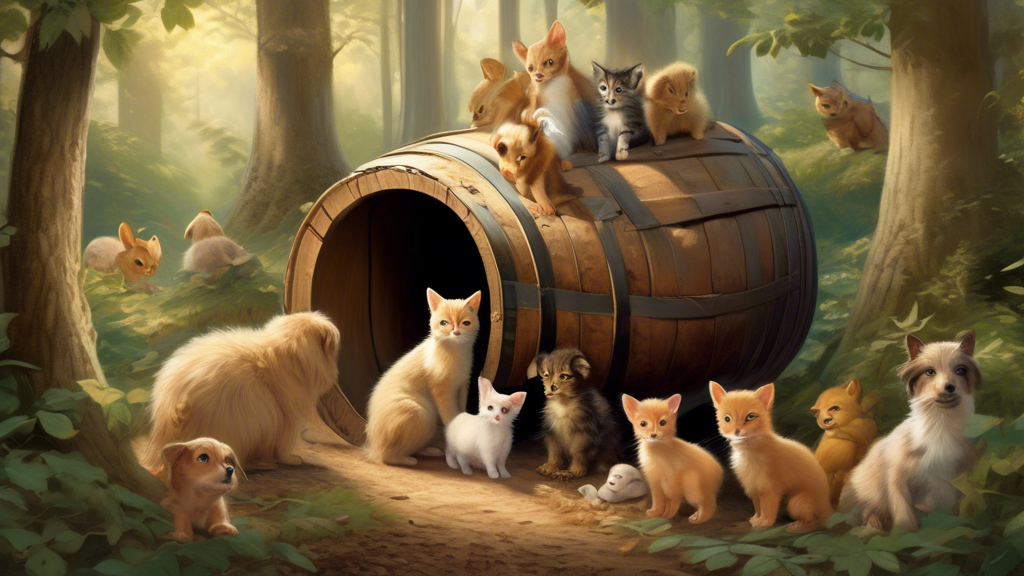 Create an image depicting a serene woodland scene where a woman discovers a large barrel nestled among the trees. Peeking out of the top of the barrel are a mix of baby animals: a few fluffy puppies w