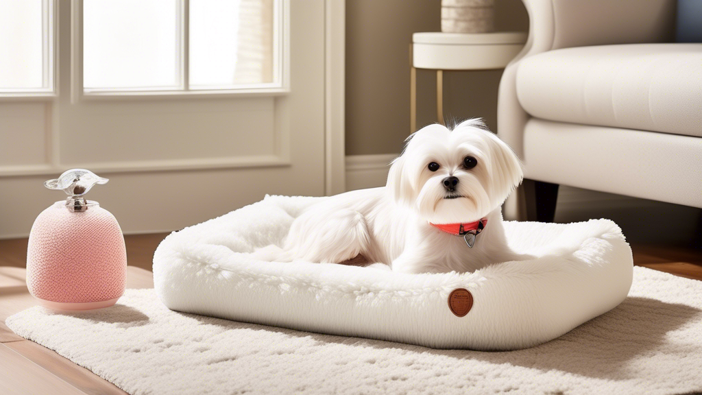 Create an inviting and cozy home setting featuring a charming Maltese dog lounging on a plush, luxurious dog bed. Surround the dog with essential pet accessories: a stylish leash hanging by the door, 