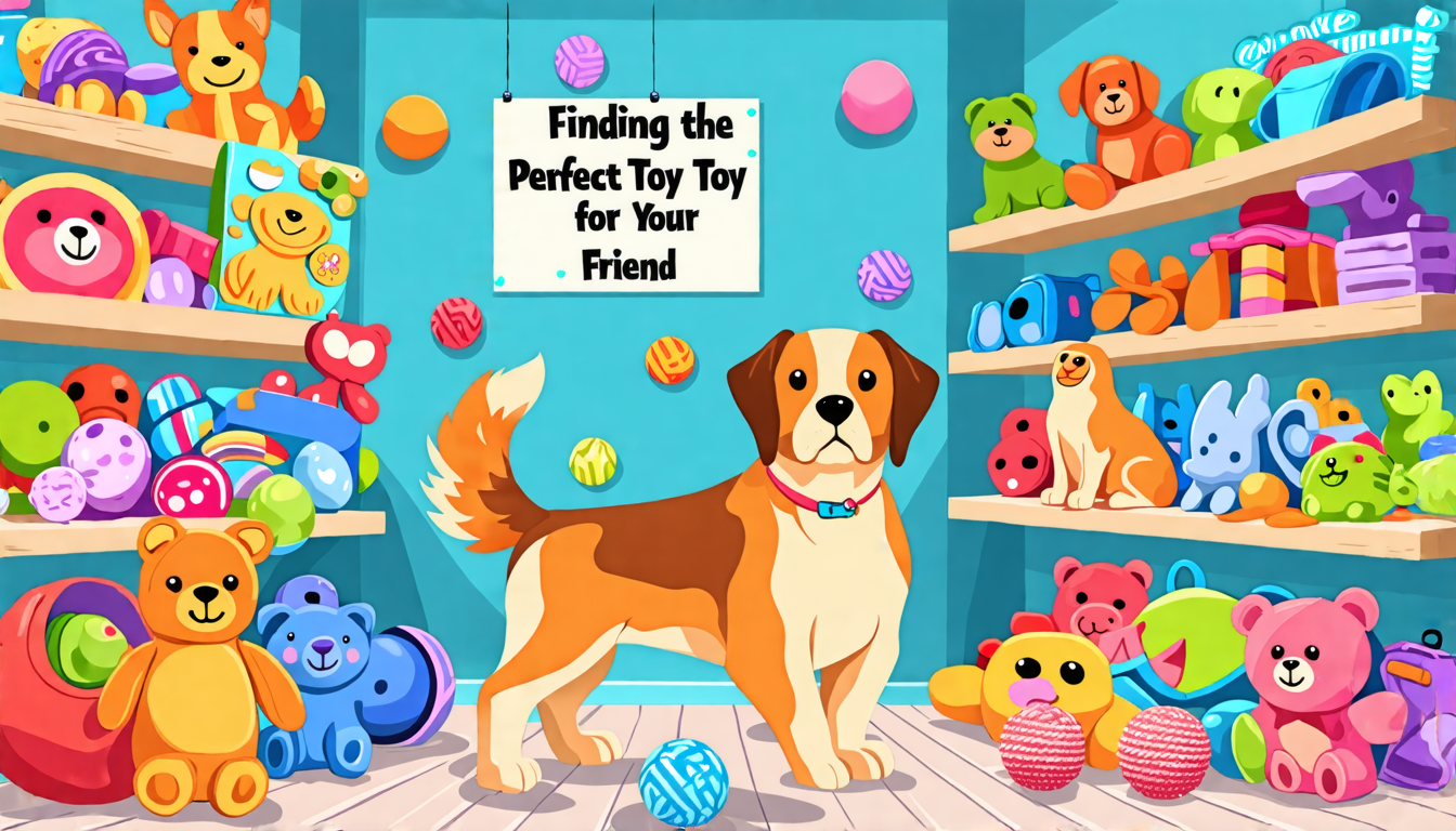 Create an image of a playful and colorful dog toy store with a variety of toys displayed on shelves, including rubber balls, plush toys, squeaky toys, and rope toys. The store should have a cozy, invi