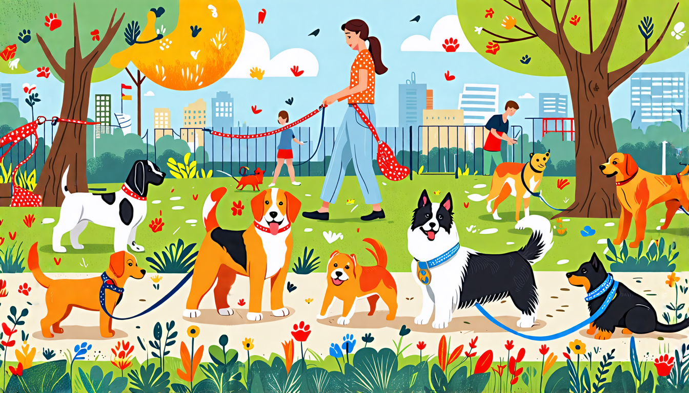 A vibrant and detailed illustration of a cheerful dog park scene showcasing a variety of dog breeds wearing different types of colorful, stylish, and functional leashes. The leashes vary in materials 