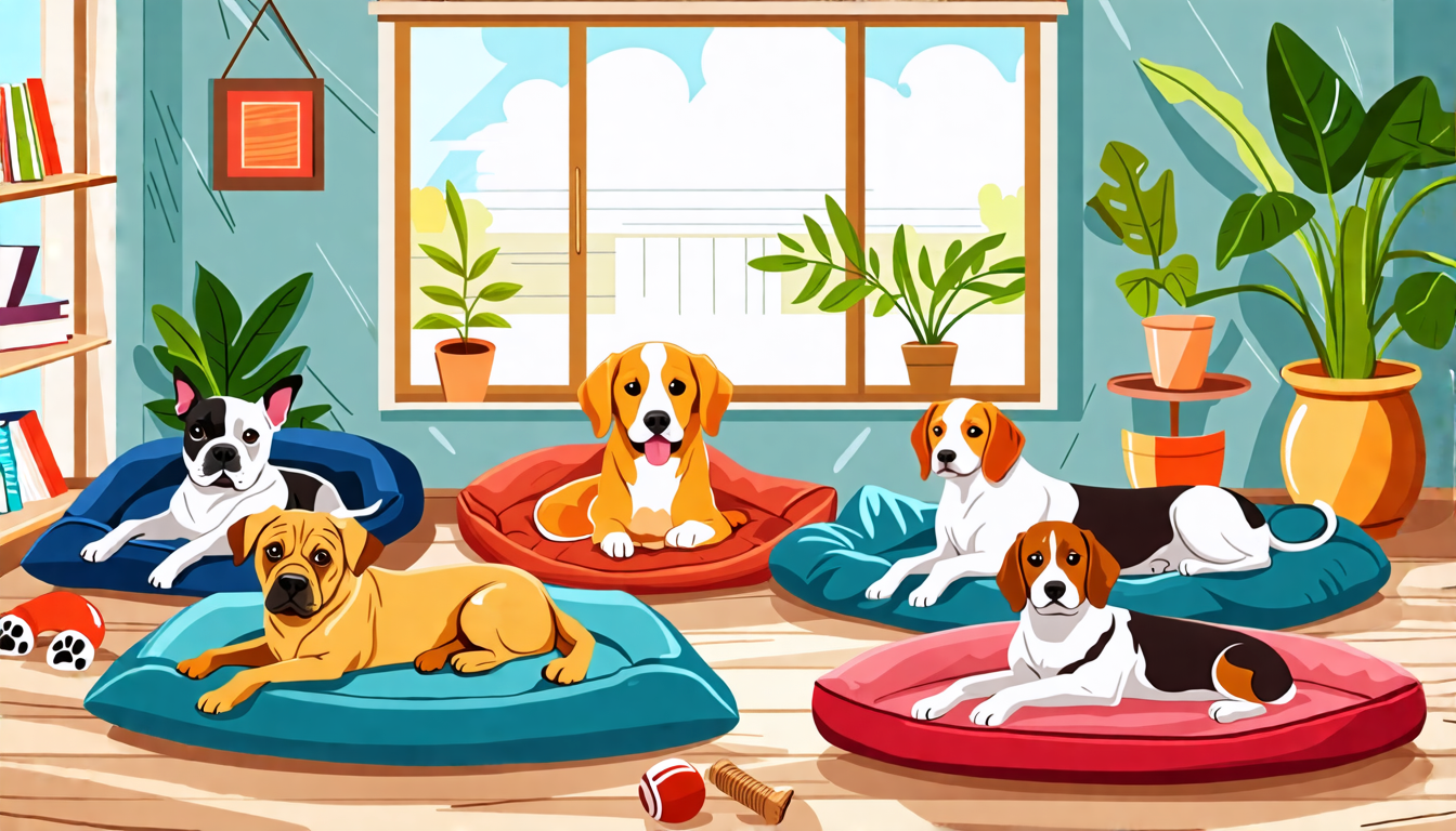 Create an image depicting a cozy room with a variety of stylish and comfortable dog beds in different shapes, sizes, and colors. Each bed is occupied by a different breed of dog, showcasing breeds suc