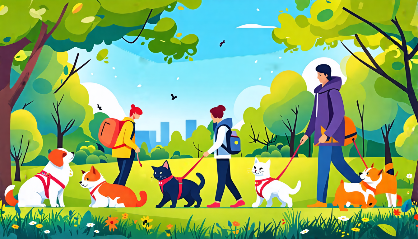 Create an image depicting a variety of dogs and cats wearing colorful and stylish harnesses in a vibrant park setting. Some animals are walking alongside their owners, while others are playing togethe